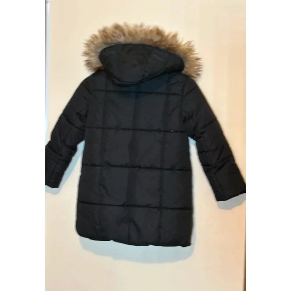 Gap Girls Black Hooded Puffer Coat Size S Faux Fur Trim Zip Down Insulated